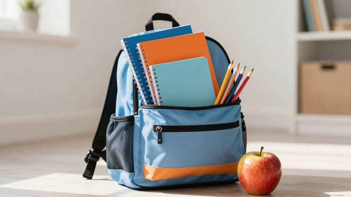 Geschenke für die Einschulung: Rucksack, Stifte, Apfel.